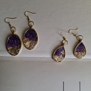 Gold and Purple Druzy Teardrop & Oval Earrings - Women Jewelry